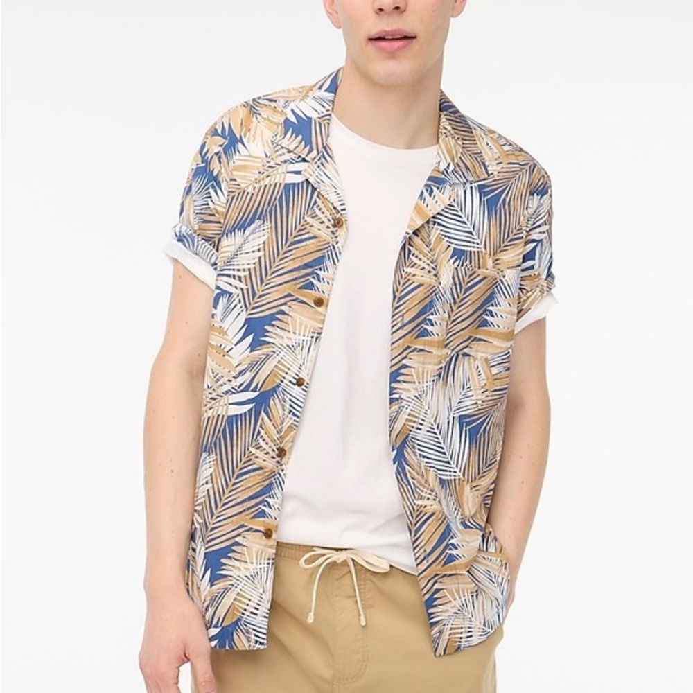 J. Crew Factory Flex Camp Shirt In Baltic Blue Camel NEW!